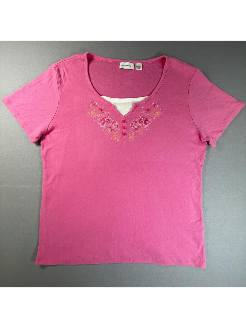 i.b.diffusion Floral Embroidered Pink Faux Layer V Neck Blouse Womens L XL